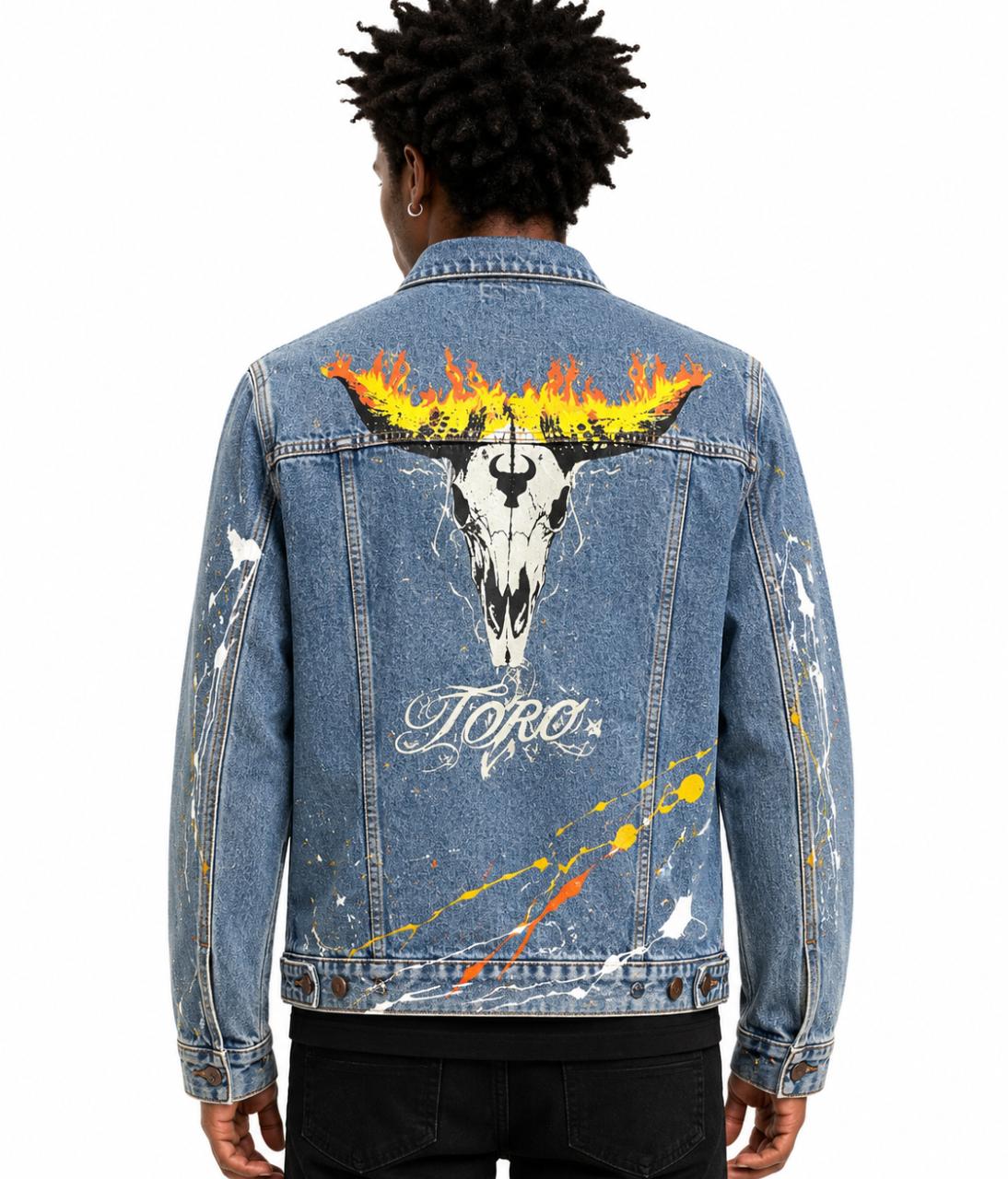 Jaqueta TORO Custom respingos Jeans Flame Skull  Tam/GG
