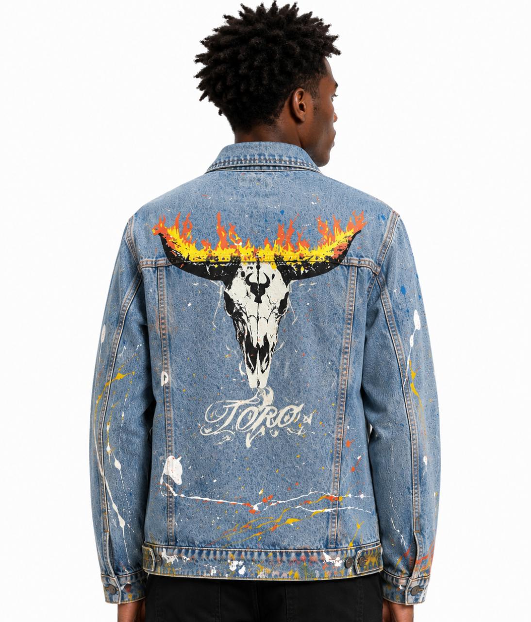 Jaqueta TORO Custom respingos Jeans Flame Skull