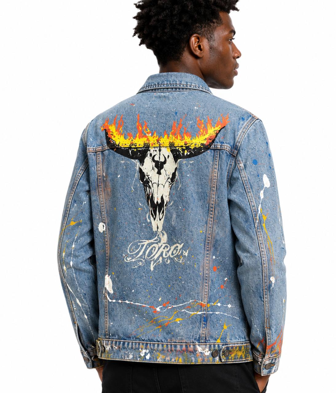 Jaqueta TORO Custom respingos Jeans Flame Skull