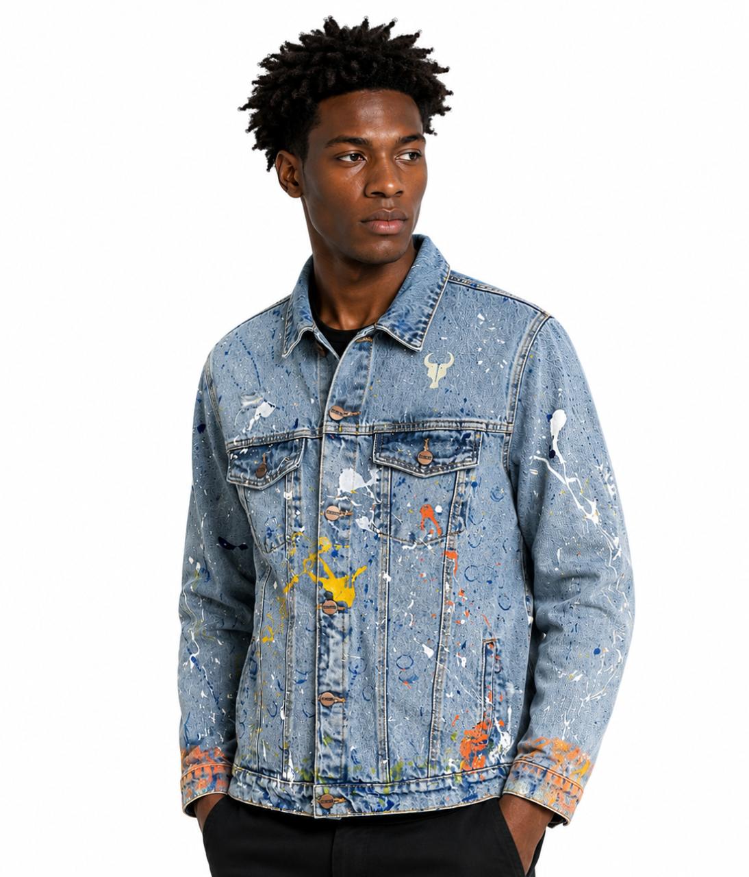 Jaqueta TORO Custom respingos Jeans Flame Skull